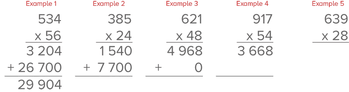 faded worked examples with 2 digit multiplication